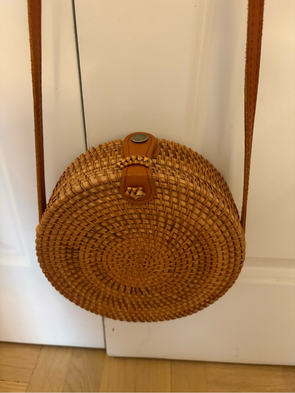 Handwoven Round Rattan Crossbody Bag - Tan